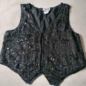 VTG SWEET SUE 100% SILK BLACK SEQUIN BEADED VEST M Goth Vamp Whimsigoth